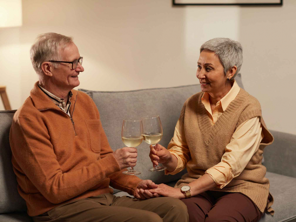 Senioren auf einer Couch prosten sich mit einem Weinglas zu.